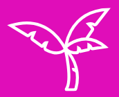 A simple white line drawing of a sprouting plant with three leaves on a solid bright pink background.