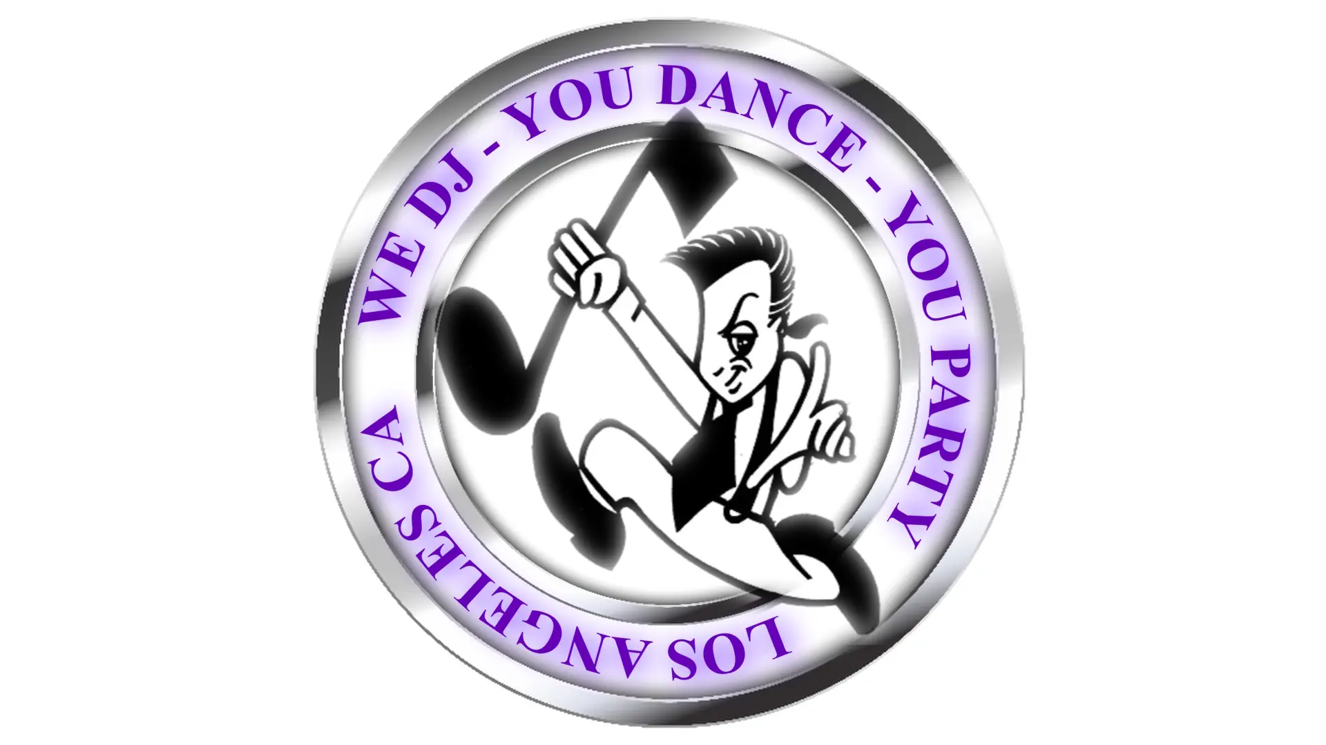 logo Mr Dj Services in Los Angeles Original patent cartoon character holds a musical notes, surrounded by a silver border with "LOS ANGELES CA WE DJ - YOU DANCE - YOU PARTY" in purple—highlighting fun karaoke DJ services for any party.