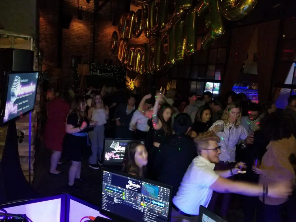 The L Word Wrap Party Dj Services and Karaoke - Mr DJ Services Showtime TV The L Word with Mr Dj Services and crowded indoor party, guests dancing and singing enjoying the Karaoke Party Dj Services