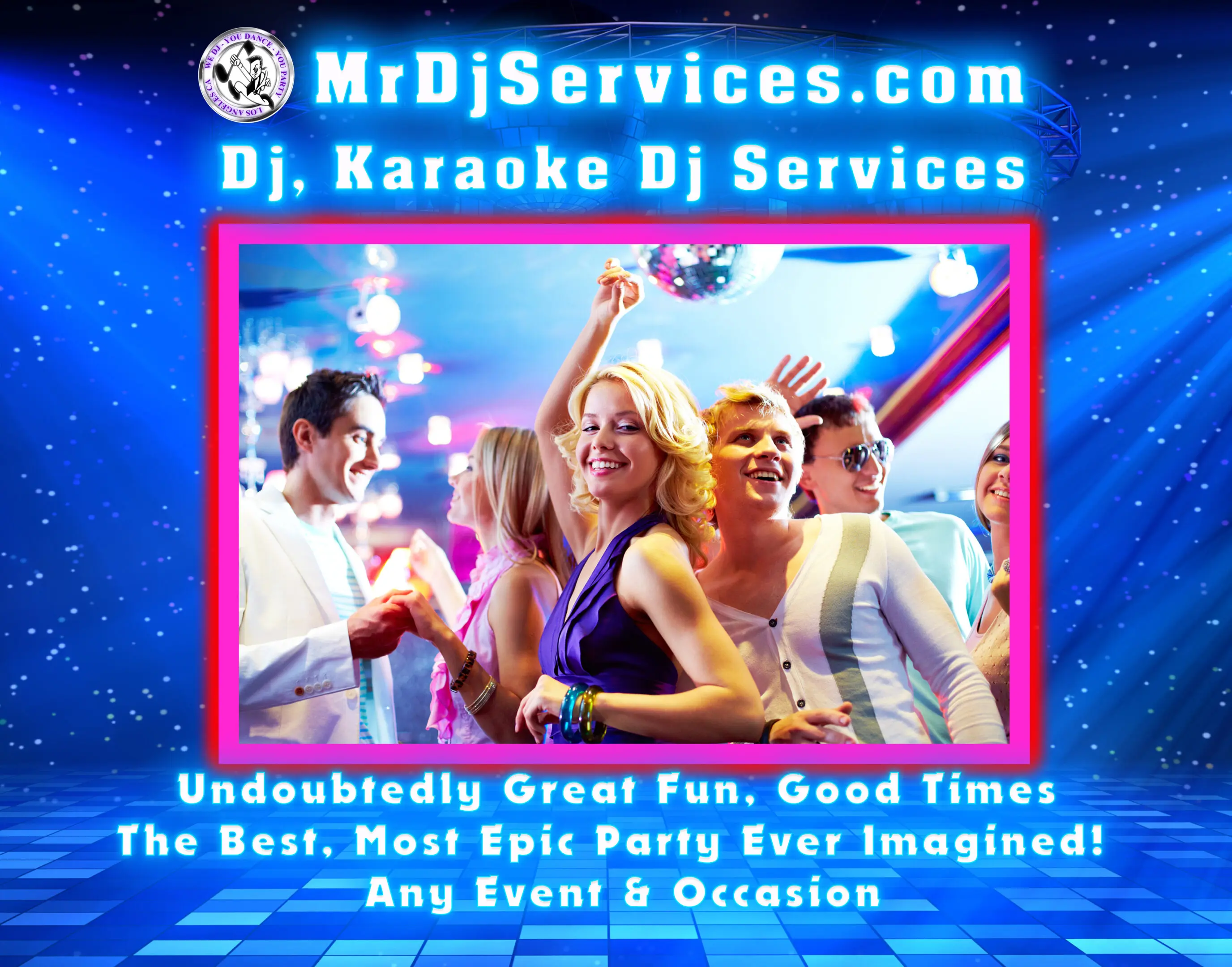 Mr Dj Services our dj clients dancing and smiling at our event. Colorful lights, with promotional text for DJs and karaoke DJ services displayed