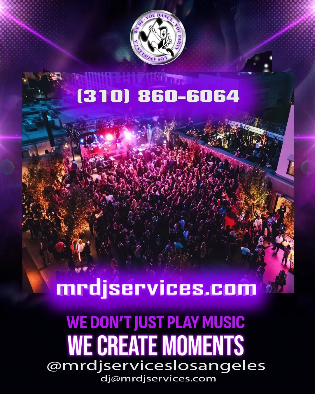Corporate Event Dj A large crowd, an outdoor stage at night and our Corporate event dj services promoting Event DJ Services with Mr Dj Services.