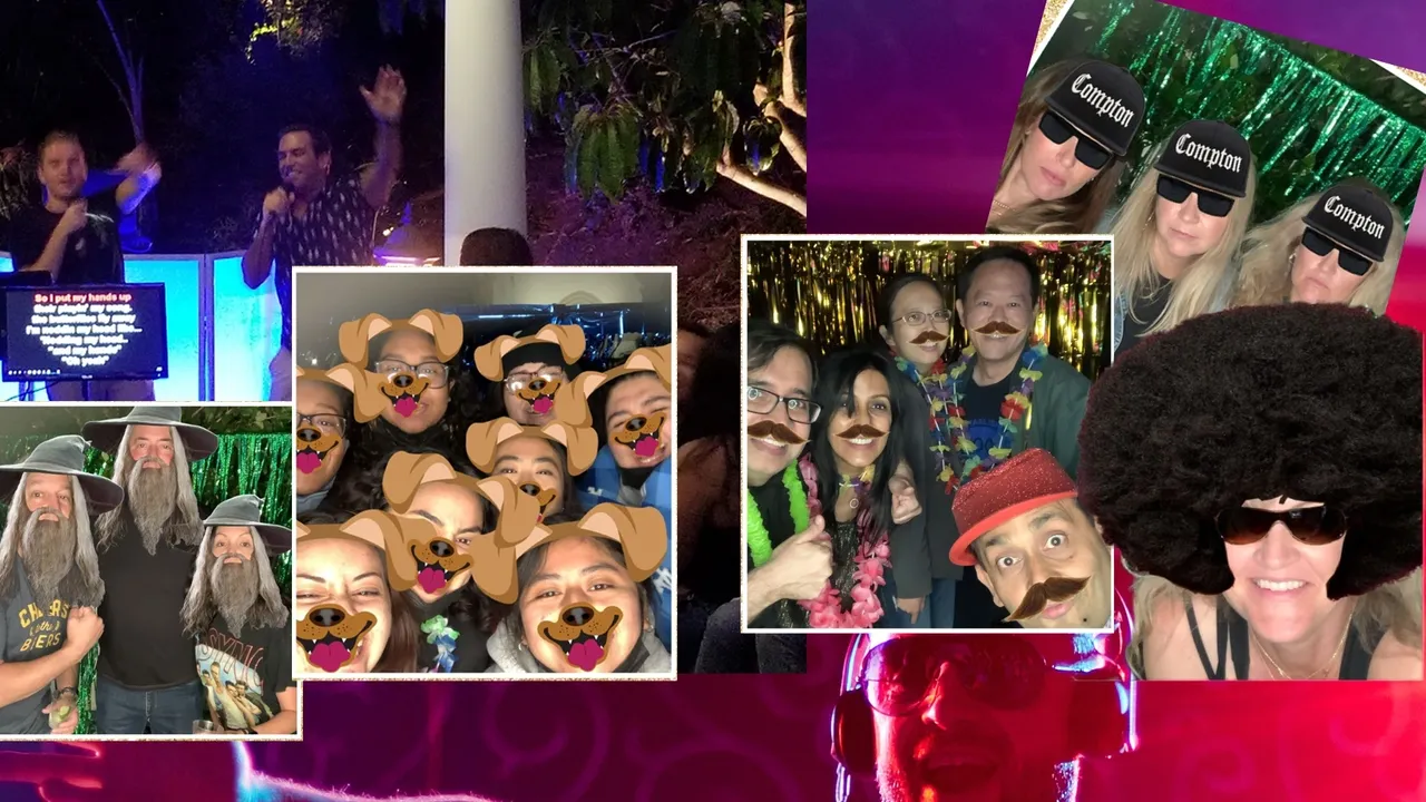 Photo Booth Party photo booth collage of guests with Mr Dj Services some singing karaoke, hats, glasses, and fake mustaches, and others using a dog filter