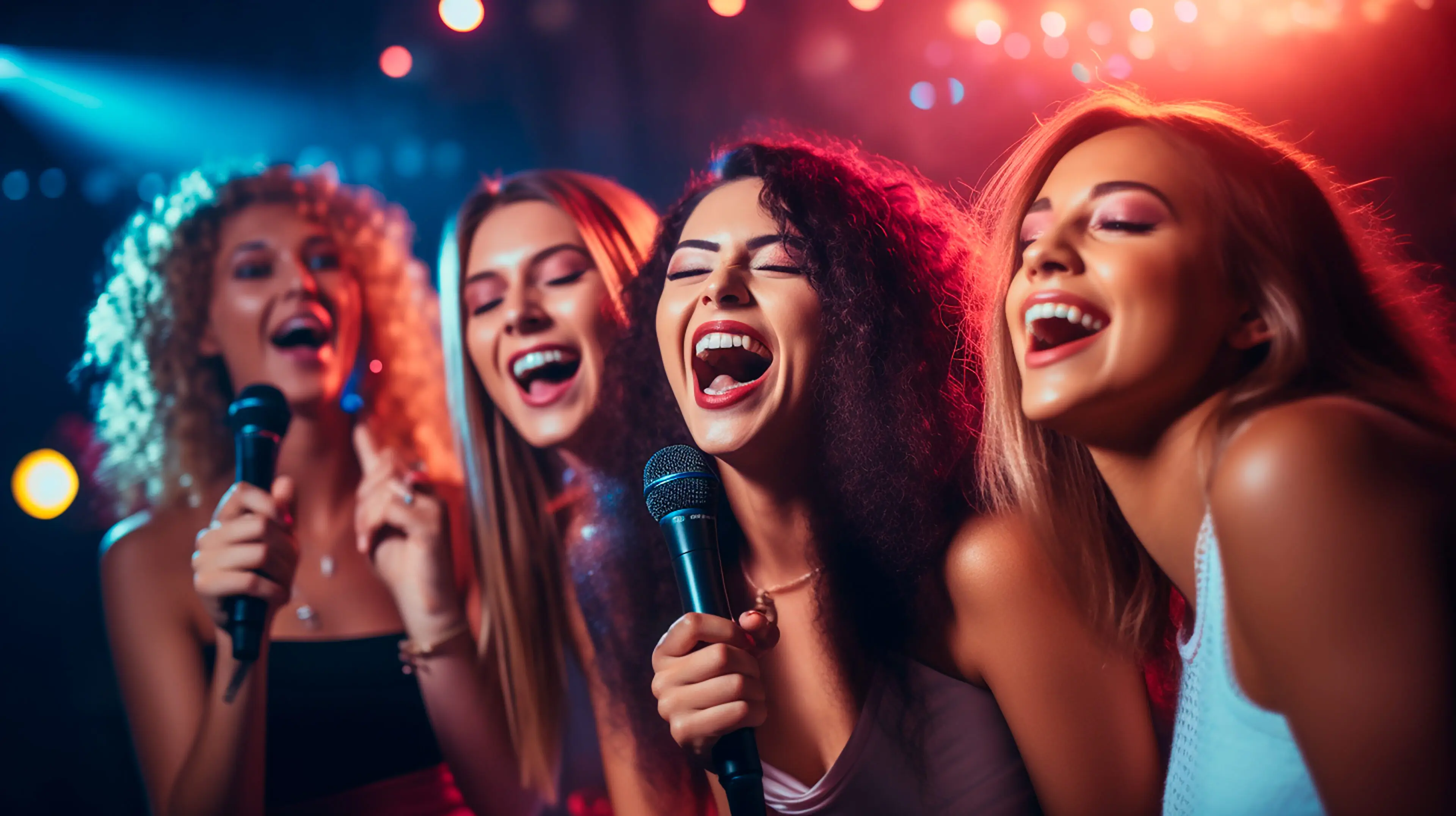Four young women sing karaoke with lighting from Mr Dj Services and a super fun night with the dj music