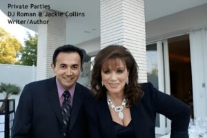 A man in a suit stands next to a woman in a black outfit. They are outside a building with tall windows. Text in the image mentions private parties, DJ Roman, and Jackie Collins.