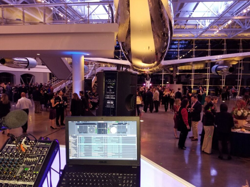 Our Event DJ P.O.V. of the Air Force One of President Ronald Reagan and a laptop of party music with over 300 attendees.