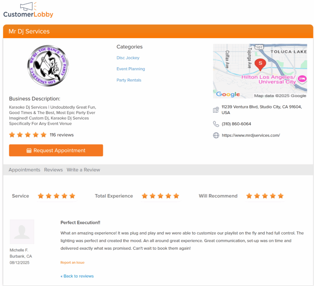 Screenshot of a business profile for "Mr DJ Services" on CustomerLobby, showing a 5-star review, business details, location map, and contact information.