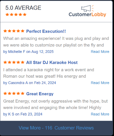 Screenshot of a CustomerLobby review page showing a 5.0 average rating and three positive customer reviews about a DJ and karaoke host.