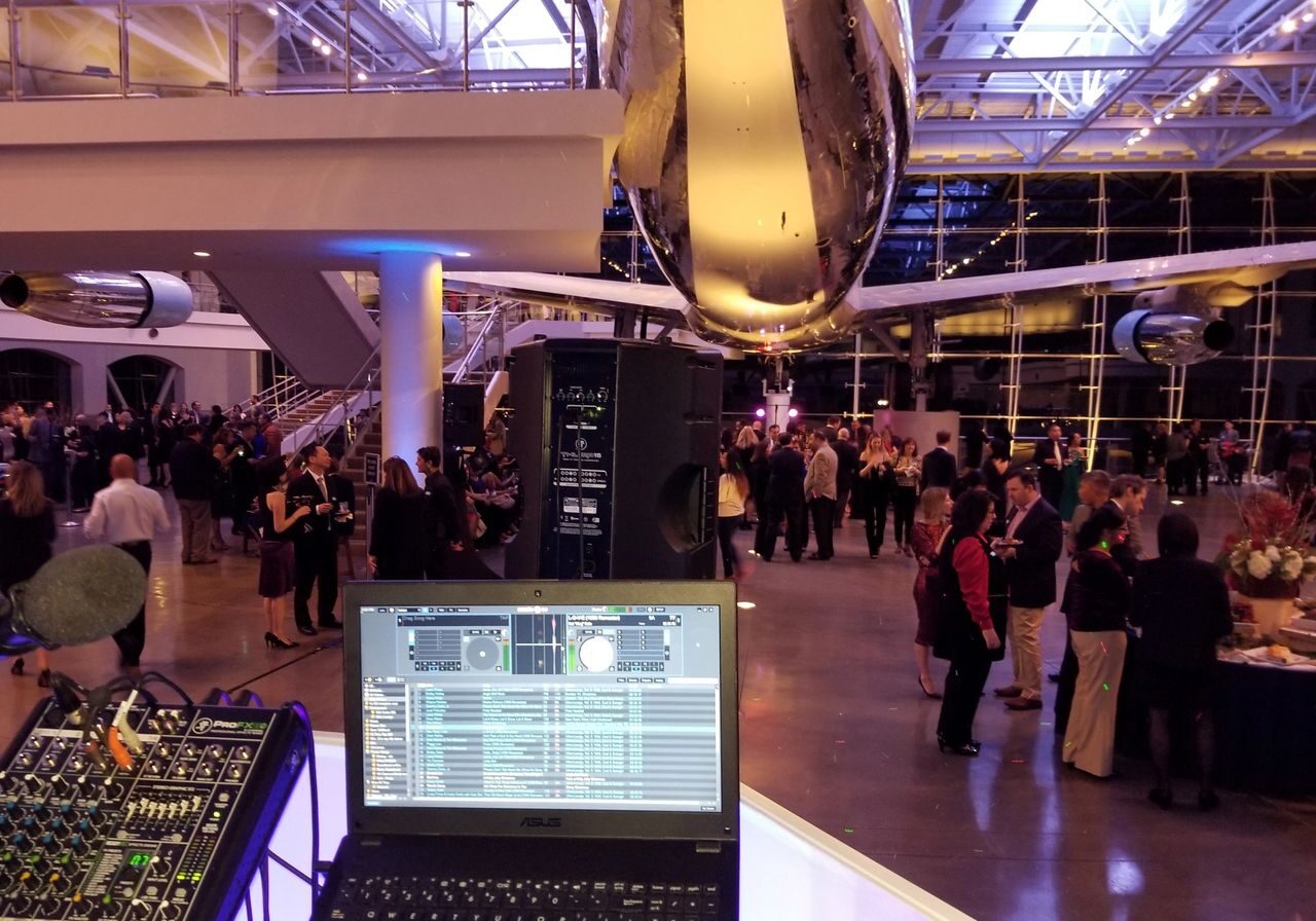 Our DJ P.O.V. of the Air Force One of President Ronald Reagan and a laptop of party music with over 300 attendees.